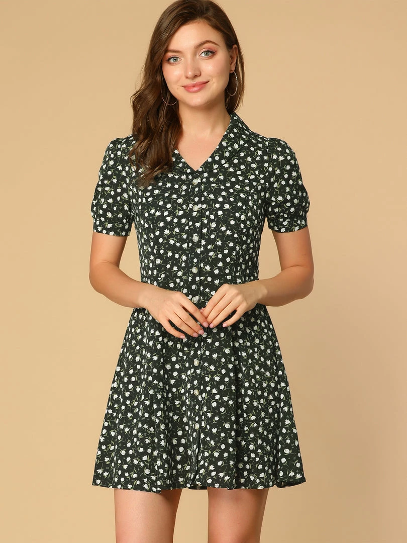 Allegra K Women's Button Front Floral Print V Neck Short Sleeve Above Knee Shirt Dress 4 Allegra K Women's Button Front Floral Print V Neck Short Sleeve Above Knee Shirt Dress