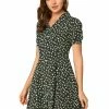 Allegra K Women's Button Front Floral Print V Neck Short Sleeve Above Knee Shirt Dress