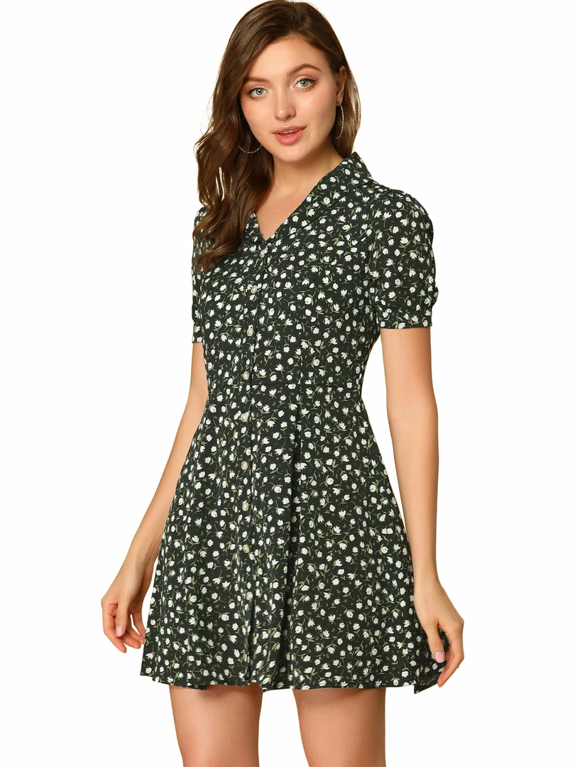 Allegra K Women's Button Front Floral Print V Neck Short Sleeve Above Knee Shirt Dress 3 Allegra K Women's Button Front Floral Print V Neck Short Sleeve Above Knee Shirt Dress