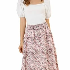 Allegra K Women's Floral Print Skirts Smocked Elastic Waist Knee Length Flowy Tiered Ruffle Skirt