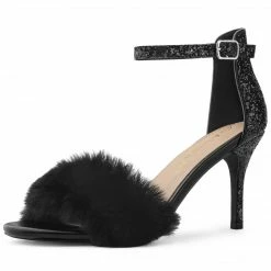 Allegra K Women's Glitter Faux Fur Stiletto Heel Sandals Shoes