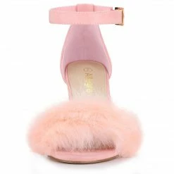 Allegra K Shoes Women's Ankle Strap Faux Fur Block Heels Sandals
