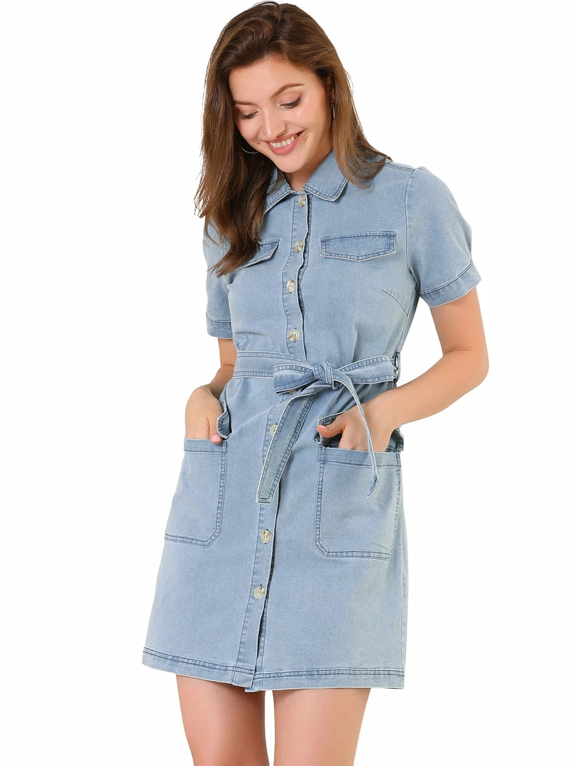 Allegra K Women's Jean Button Down Denim Belted Turndown Collar Shirtdress 3 Allegra K Women's Jean Button Down Denim Belted Turndown Collar Shirtdress