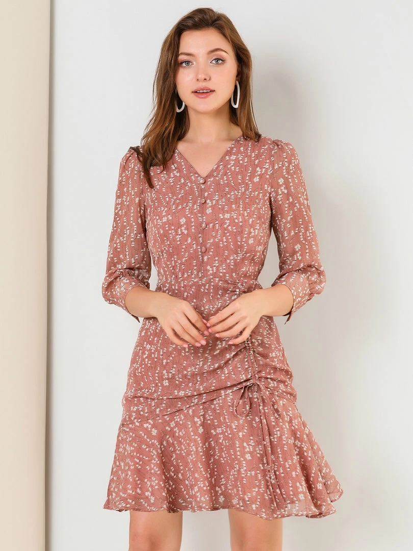 Allegra K Women's 3/4 Sleeve Ruffle Hem Buttons Decor Drawstring Ruched Chiffon Dress 4 Allegra K Women's 3/4 Sleeve Ruffle Hem Buttons Decor Drawstring Ruched Chiffon Dress