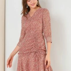 Allegra K Women's 3/4 Sleeve Ruffle Hem Buttons Decor Drawstring Ruched Chiffon Dress 16 Allegra K Women's 3/4 Sleeve Ruffle Hem Buttons Decor Drawstring Ruched Chiffon Dress