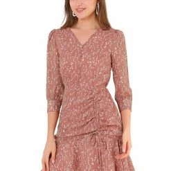 Allegra K Women's 3/4 Sleeve Ruffle Hem Buttons Decor Drawstring Ruched Chiffon Dress