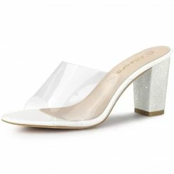 Allegra K Shoes Women's Glitter Chunky Heel Clear Slides Sandals