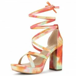Allegra K Women's Tie Dye Platform Chunky Heel Lace Up Sandals