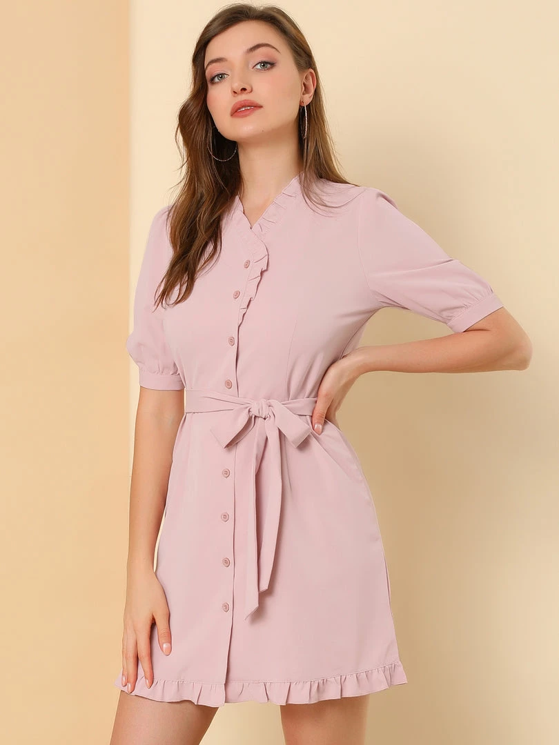 Allegra K Women's Ruffle Neck Button Down Tie Waist Shirt Dress 5 Allegra K Women's Ruffle Neck Button Down Tie Waist Shirt Dress