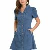 Allegra K Womens Turndown Collar Vertical Pocket Demin Dress 2 Allegra K Womens Turndown Collar Vertical Pocket Demin Dress