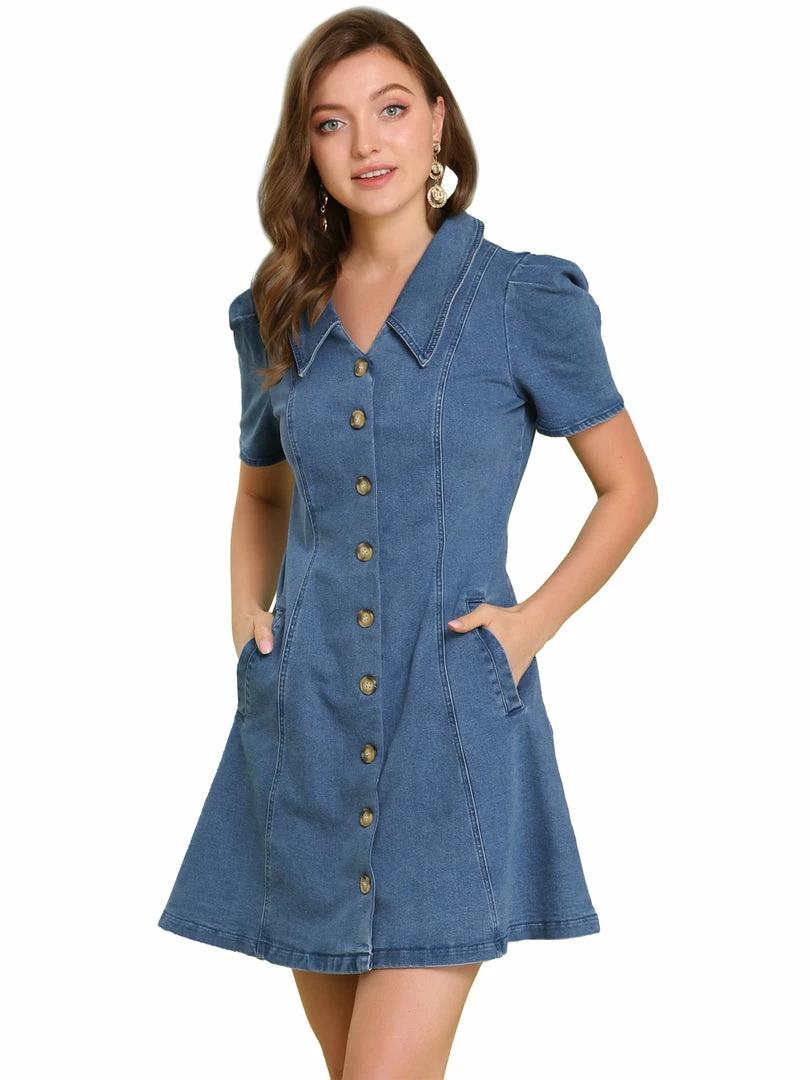 Allegra K Womens Turndown Collar Vertical Pocket Demin Dress 3 Allegra K Womens Turndown Collar Vertical Pocket Demin Dress