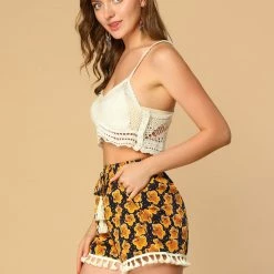 Allegra K Women's Tassel Tie Elastic Waist Side Pockets Floral Mini Shorts