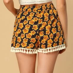 Allegra K Women's Tassel Tie Elastic Waist Side Pockets Floral Mini Shorts