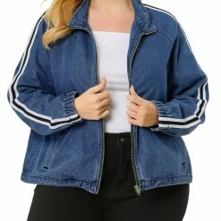 Allegra K Women's Plus Size Jacket Contrast Color Stand Collar Zip Closure Pockets Denim Jackets