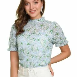 Allegra K Women's Ruffle Stand Collar Short Sleeve Ditsy Floral Blouse Top