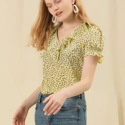 Allegra K Women's Casual Ruffle V Neck Short Bell Sleeve Smocked Chiffon Floral Top
