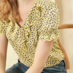 Allegra K Women's Casual Ruffle V Neck Short Bell Sleeve Smocked Chiffon Floral Top