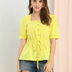 Allegra K Women's Square Neck Short Sleeve Half Placket Elastic Waist Top Blouse