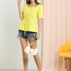 Allegra K Women's Square Neck Short Sleeve Half Placket Elastic Waist Top Blouse