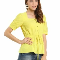 Allegra K Women's Square Neck Short Sleeve Half Placket Elastic Waist Top Blouse