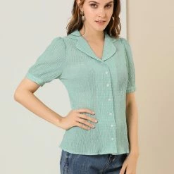Allegra K Women's Camp Collar Button Front Textured Short Bubble Sleeve Shirt