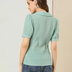 Allegra K Women's Camp Collar Button Front Textured Short Bubble Sleeve Shirt