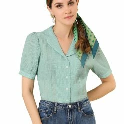 Allegra K Women's Camp Collar Button Front Textured Short Bubble Sleeve Shirt