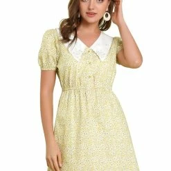 Allegra K Women's Floral V Neck Embroidered Elastic Waist Pockets Dress
