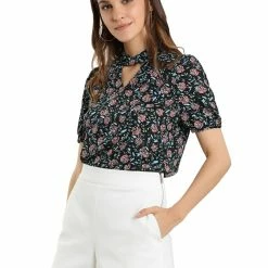 Allegra K Women's Elegant Floral Puff Short Sleeve Stand Collar Keyhole Blouse Tops