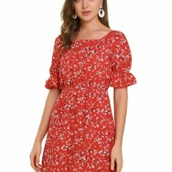 Allegra K Women's Puff Sleeve Neck Square Elastic Waist Above Knee Floral Dress