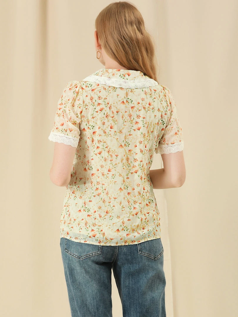 Allegra K Women's Peter Pan Collar Lace Embroidered Casual Floral Shirt Blouse 7 Allegra K Women's Peter Pan Collar Lace Embroidered Casual Floral Shirt Blouse