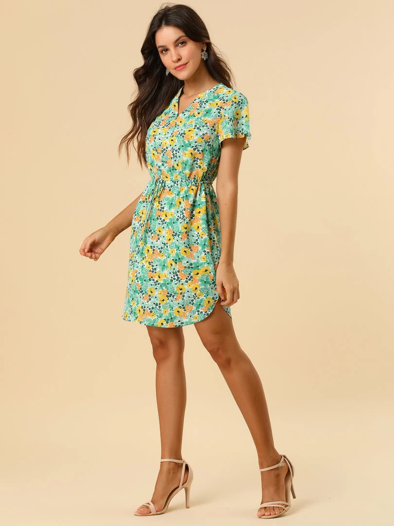 Allegra K Women's Tropical Printed V Neck Ruffled Cuff Tie Waist Dress 4 Allegra K Women's Tropical Printed V Neck Ruffled Cuff Tie Waist Dress