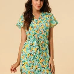 Allegra K Women's Tropical Printed V Neck Ruffled Cuff Tie Waist Dress 17 Allegra K Women's Tropical Printed V Neck Ruffled Cuff Tie Waist Dress