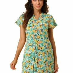 Allegra K Women's Tropical Printed V Neck Ruffled Cuff Tie Waist Dress