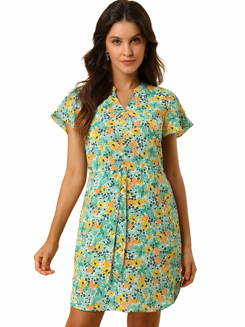 Allegra K Women's Tropical Printed V Neck Ruffled Cuff Tie Waist Dress 3 Allegra K Women's Tropical Printed V Neck Ruffled Cuff Tie Waist Dress