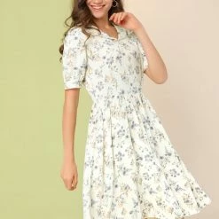 Allegra K Women's Floral Peter Pan Collar Hgih Waist A-line Flowy Chiffon Midi Dress