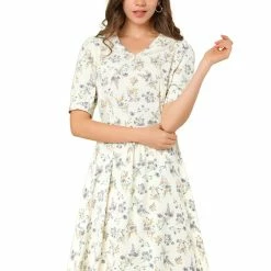 Allegra K Women's Floral Peter Pan Collar Hgih Waist A-line Flowy Chiffon Midi Dress
