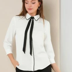 Allegra K Women's Elegant Tie Neck Blouses 3/4 Sleeve Work Office Button Down Contrast Collar Shirt