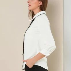 Allegra K Women's Elegant Tie Neck Blouses 3/4 Sleeve Work Office Button Down Contrast Collar Shirt