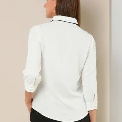 Allegra K Women's Elegant Tie Neck Blouses 3/4 Sleeve Work Office Button Down Contrast Collar Shirt