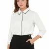 Allegra K Women's Elegant Tie Neck Blouses 3/4 Sleeve Work Office Button Down Contrast Collar Shirt