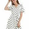 Allegra K Women's Work Office Tie Waist Puff Short Sleeve Dots Print Dress 2 Allegra K Women's Work Office Tie Waist Puff Short Sleeve Dots Print Dress