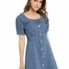 Allegra K Women's Denim Flare Mini Puff Sleeve Sweetheart Neck
