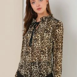 Allegra K Women's Leopard Print Ruffle Neck Long Sleeves Blouse Top