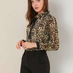 Allegra K Women's Leopard Print Ruffle Neck Long Sleeves Blouse Top