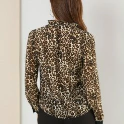Allegra K Women's Leopard Print Ruffle Neck Long Sleeves Blouse Top