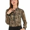 Allegra K Women's Leopard Print Ruffle Neck Long Sleeves Blouse Top