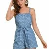 Allegra K Women's Half Placket Spaghetti Straps Mini Chambray Romper Jumpsuit