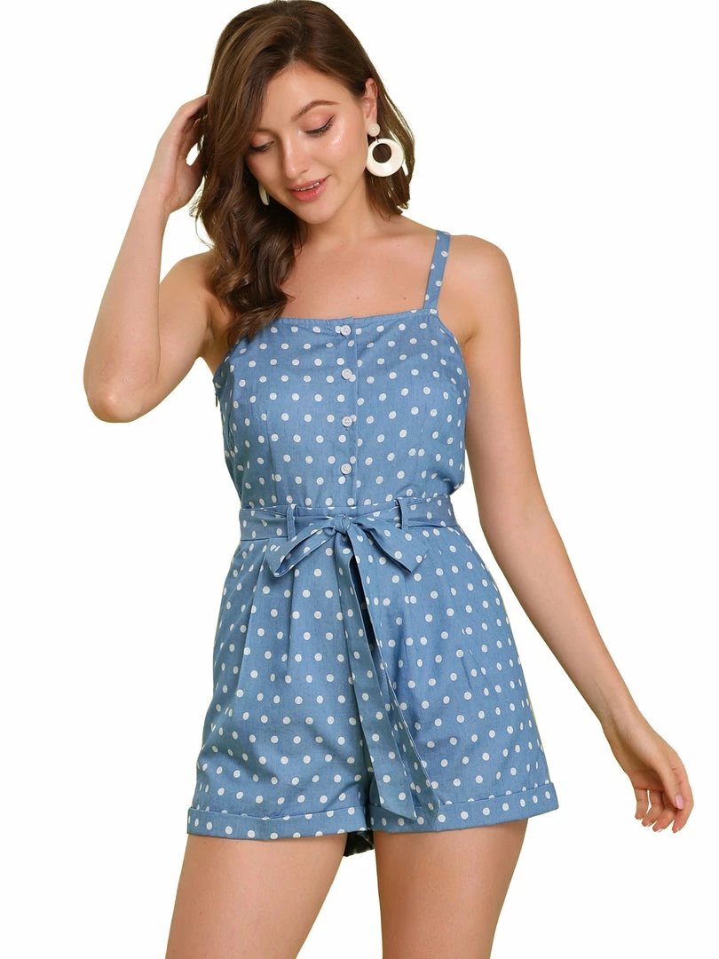 Allegra K Women's Half Placket Spaghetti Straps Mini Chambray Romper Jumpsuit 3 Allegra K Women's Half Placket Spaghetti Straps Mini Chambray Romper Jumpsuit