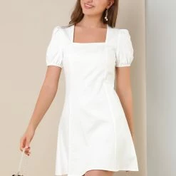 Allegra K Women's Elegant Square Neck Dresses Solid Color Cotton Puff Sleeve A-Line Short Dress